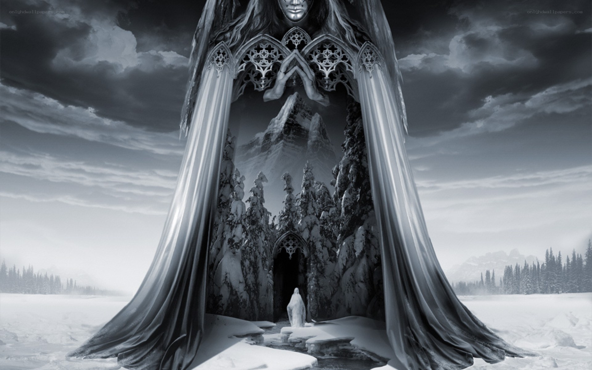 Gothic figure in snowy landscape