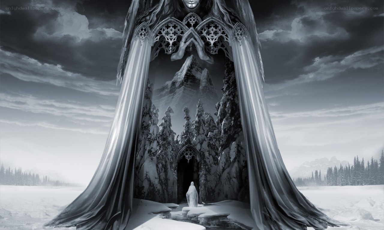 Gothic figure in snowy landscape