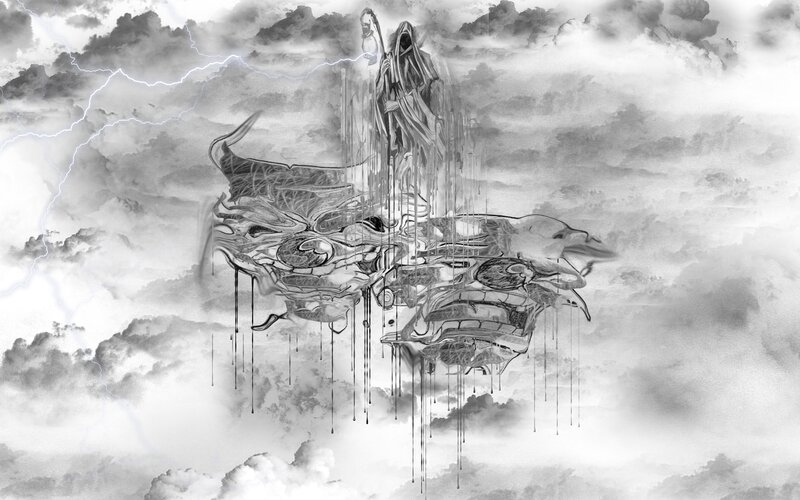 Gothic figure over melting skull