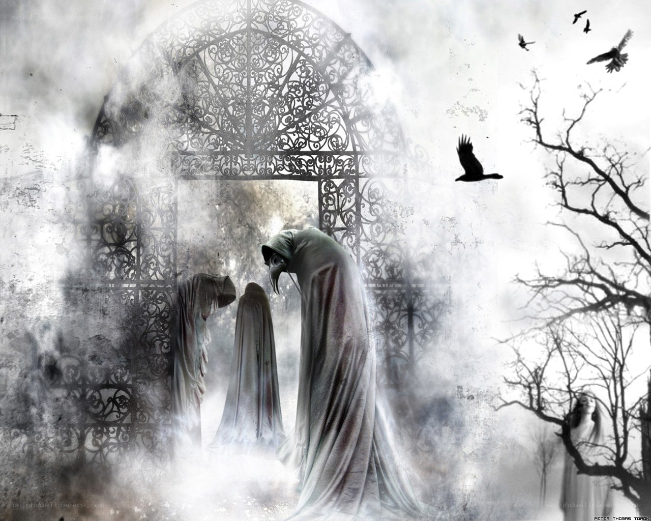 Gothic figures at a wrought iron gate