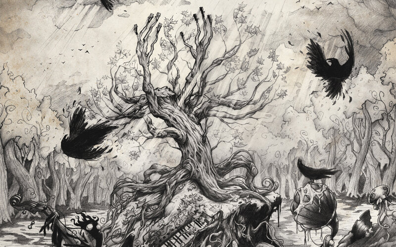 Gothic forest with crows