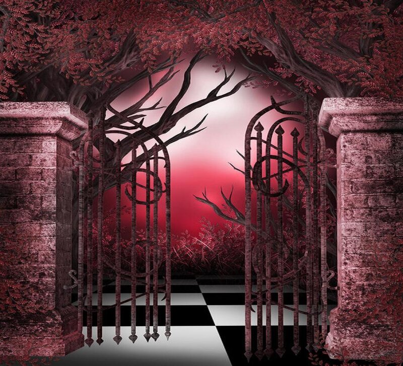 Gothic gate with red trees