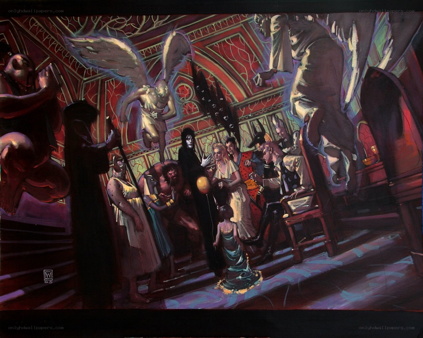 Gothic gathering in ornate hall