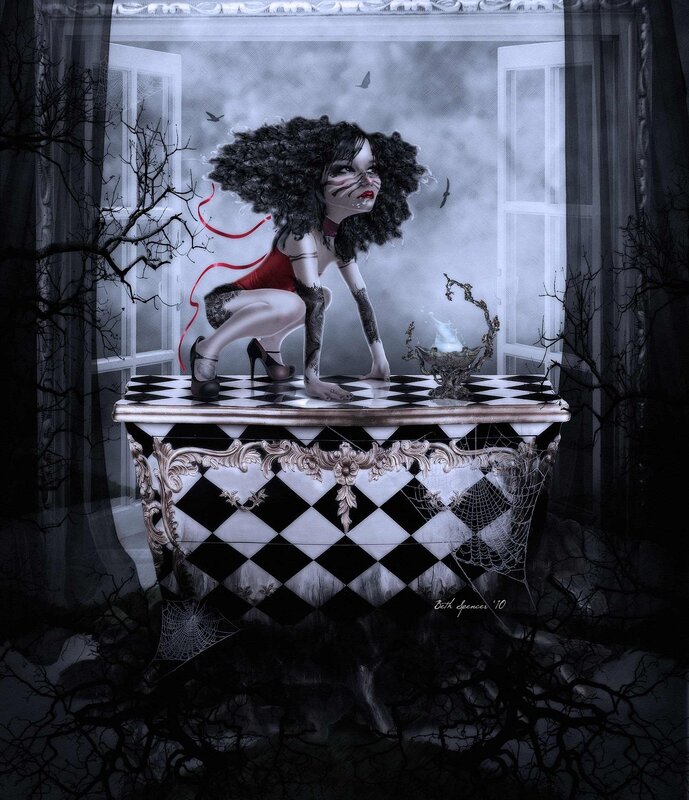 Gothic girl on checkered table
