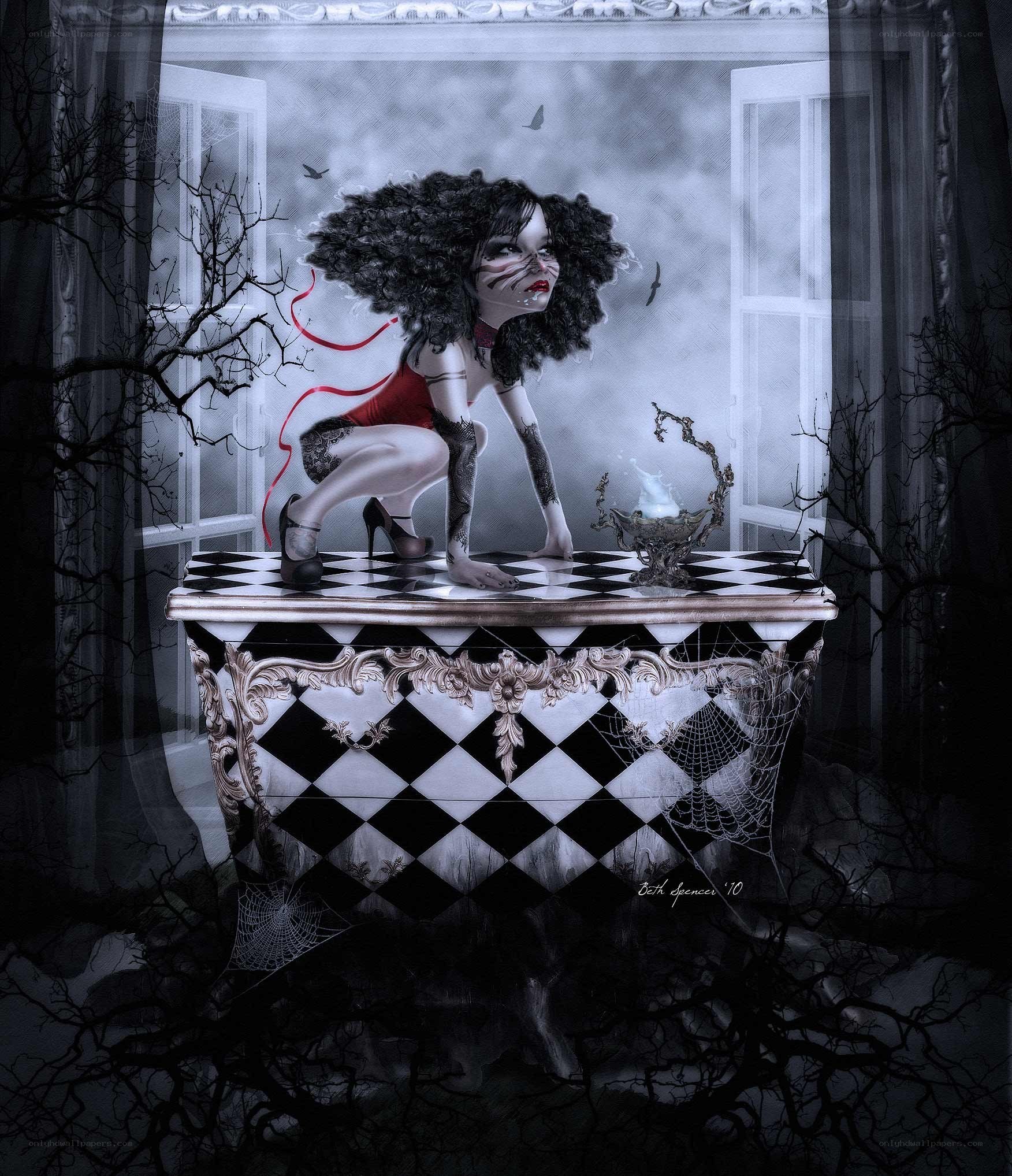 Gothic girl on checkered table