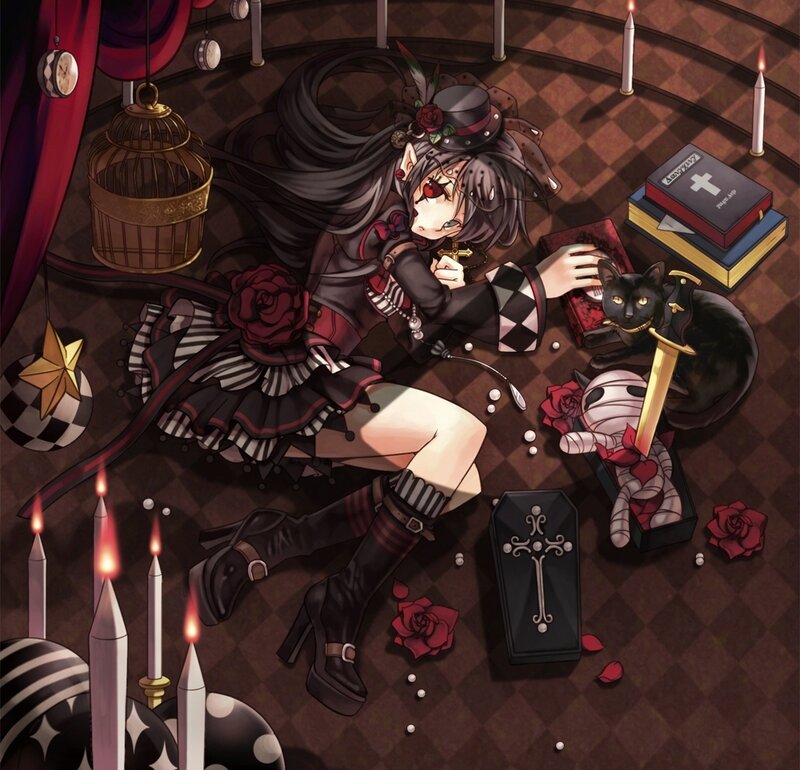 gothic girl with cat and roses