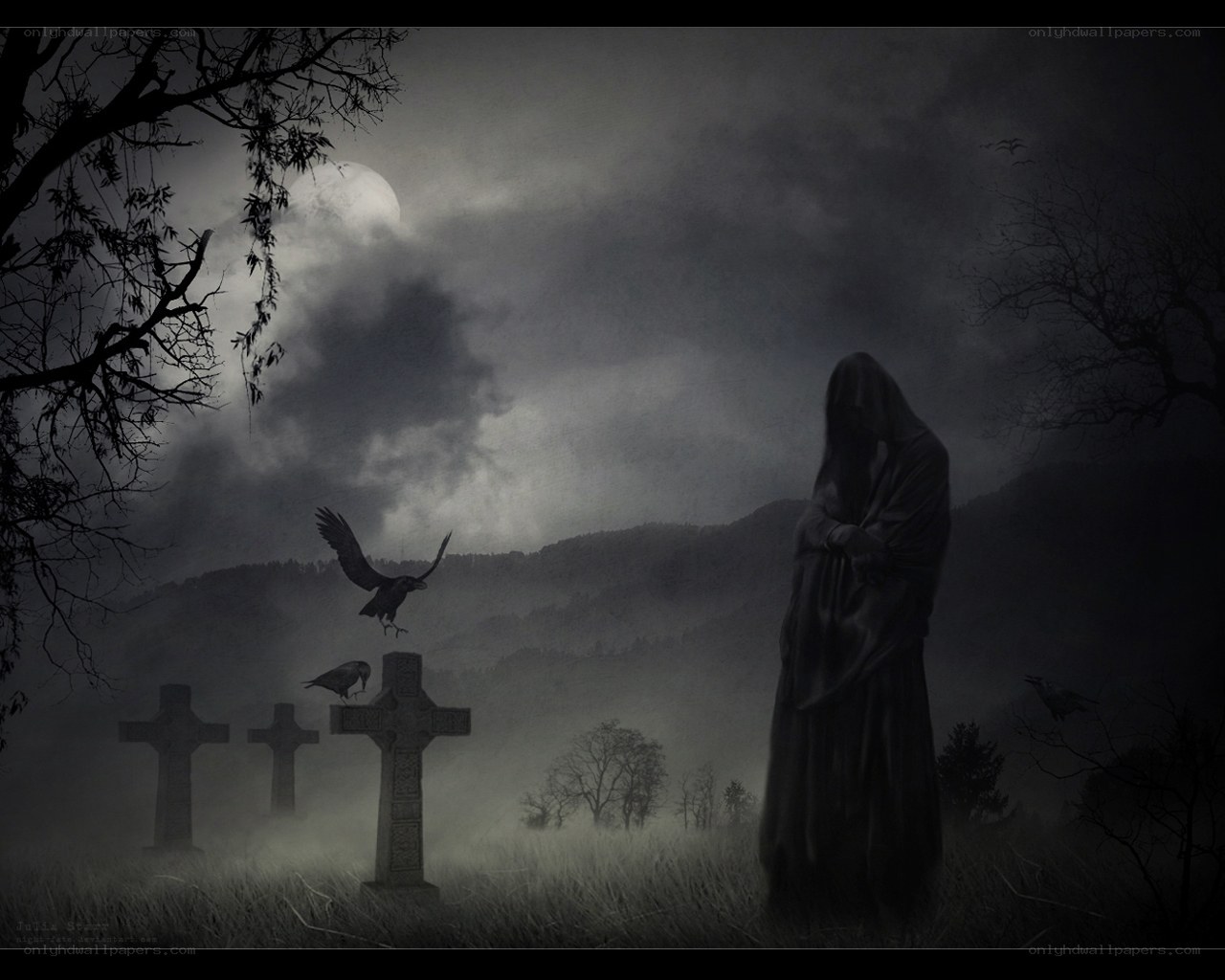 Gothic graveyard at night