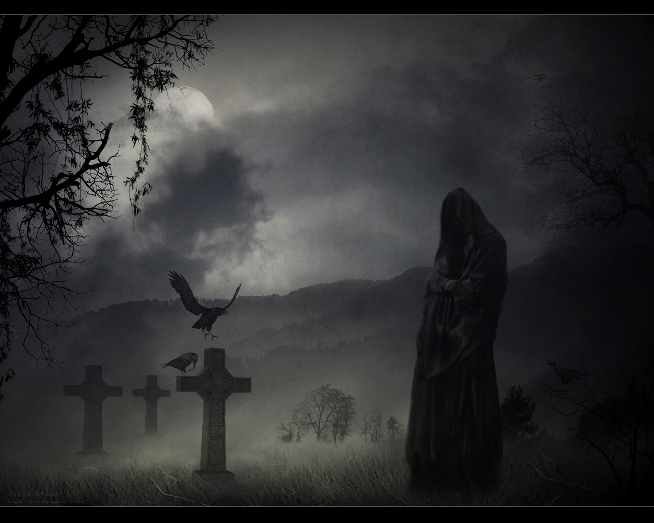 Gothic graveyard at night
