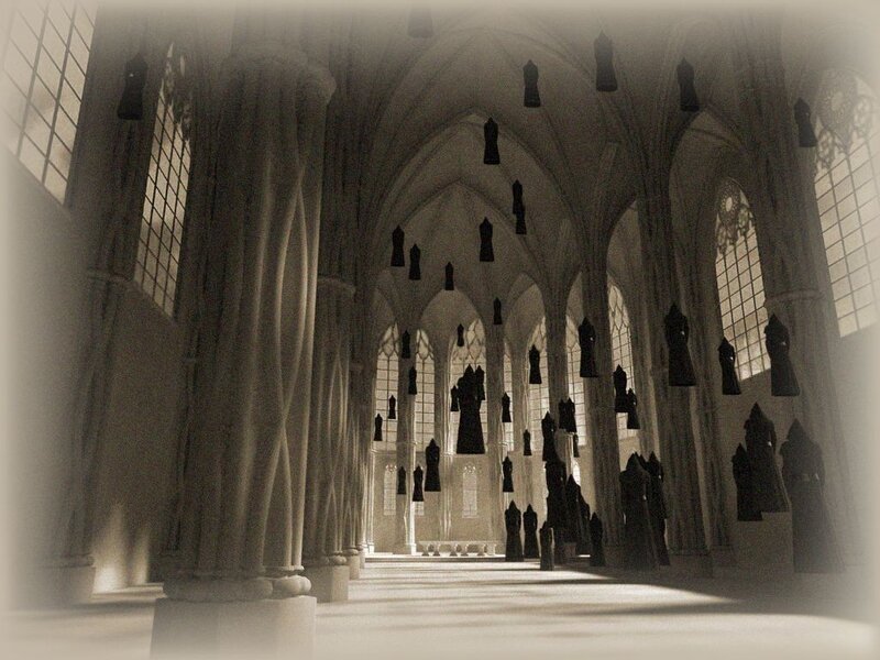 Gothic hall with floating robes