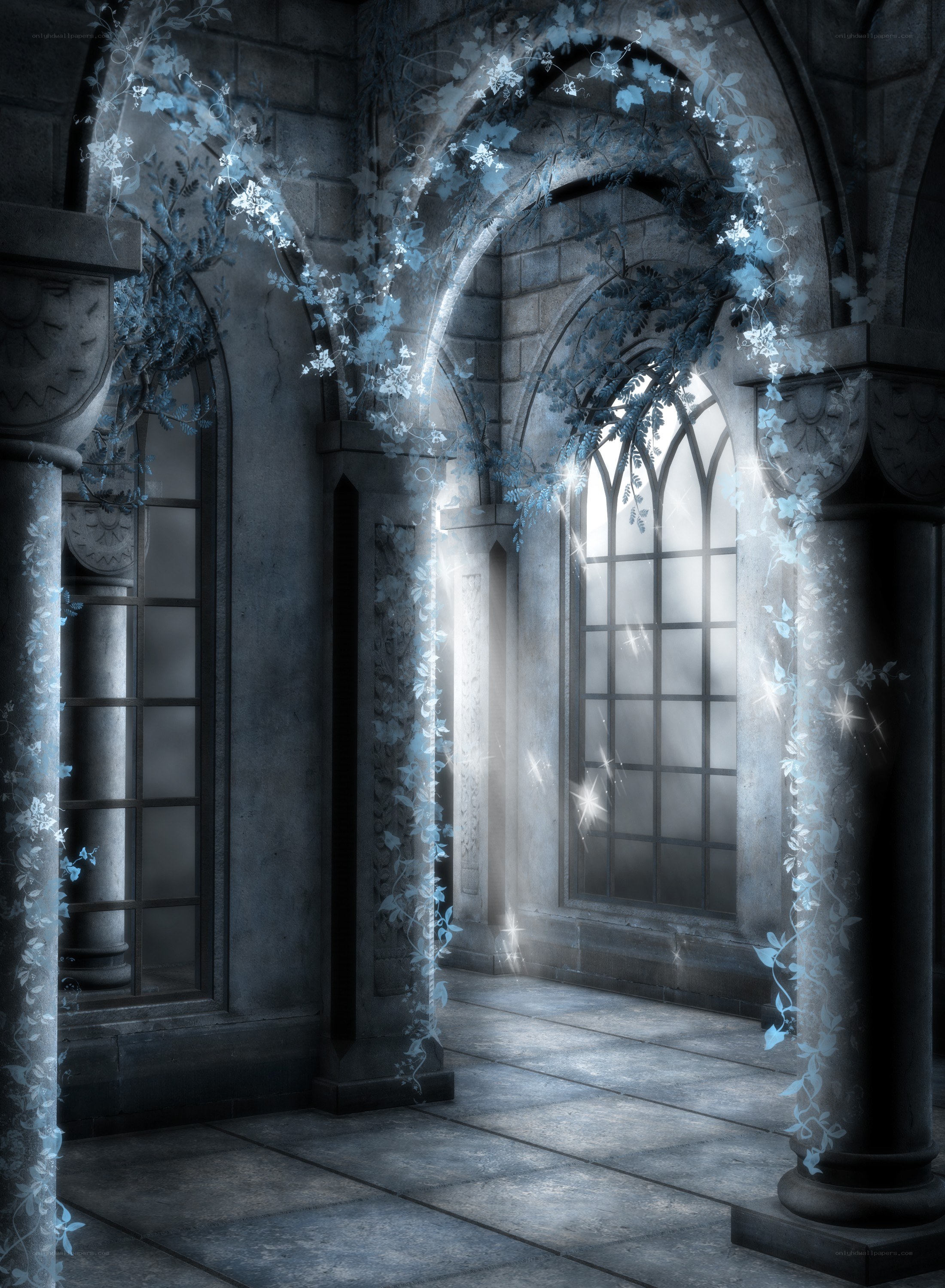 Gothic hall with glowing vines