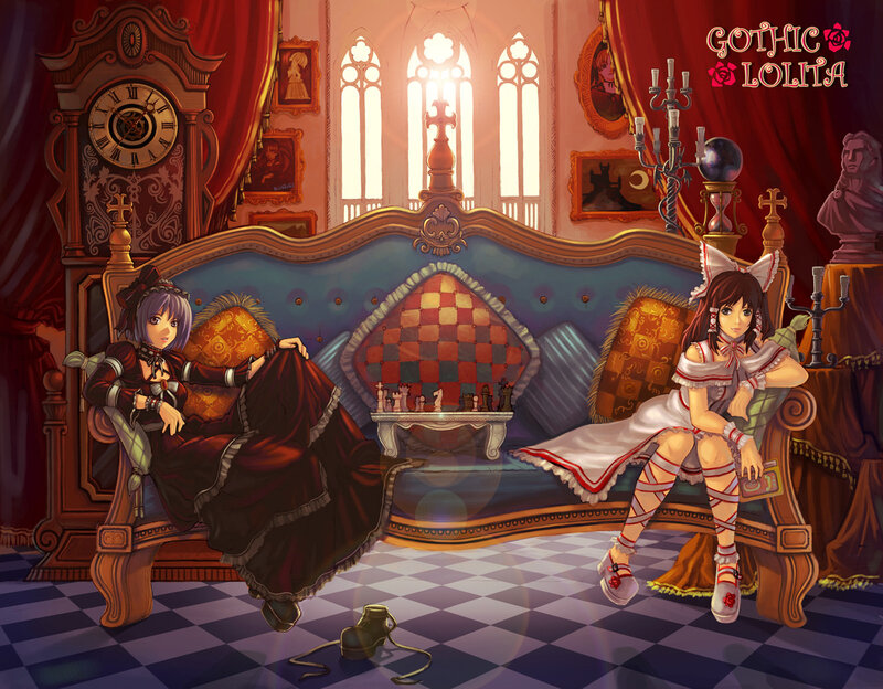 Gothic Lolita characters in a grand hall
