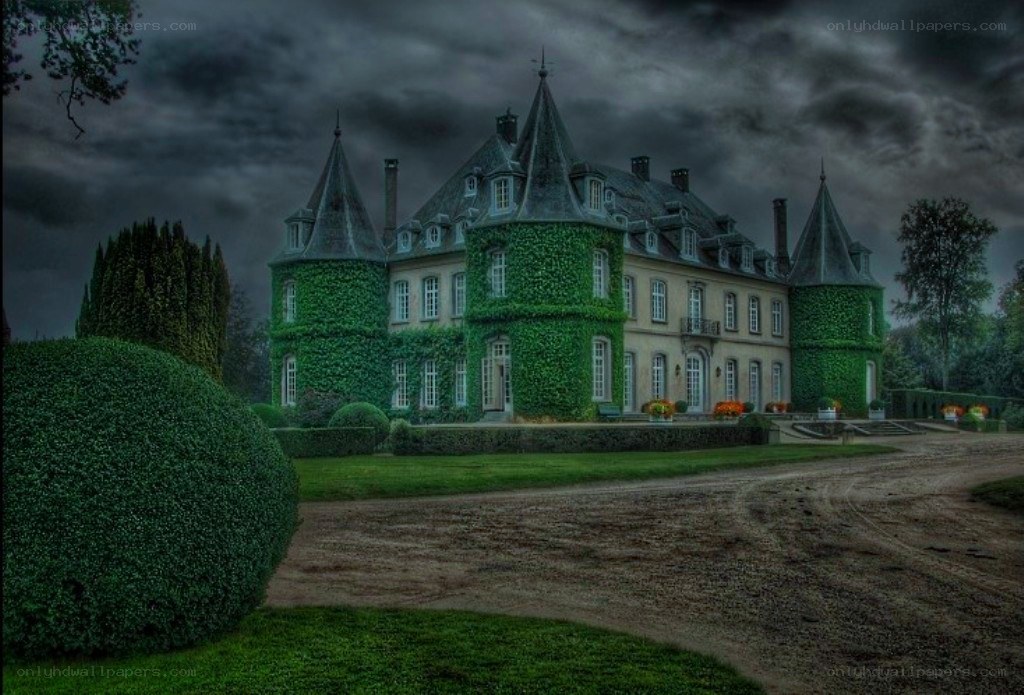 Gothic mansion under stormy sky