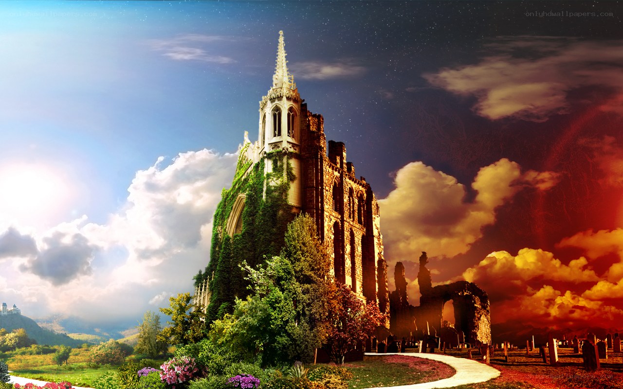 Gothic ruin under dual skies