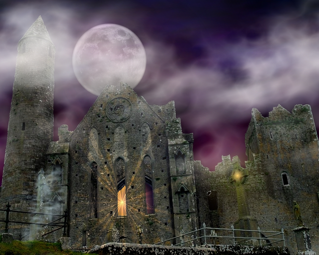 Gothic ruins under a full moon