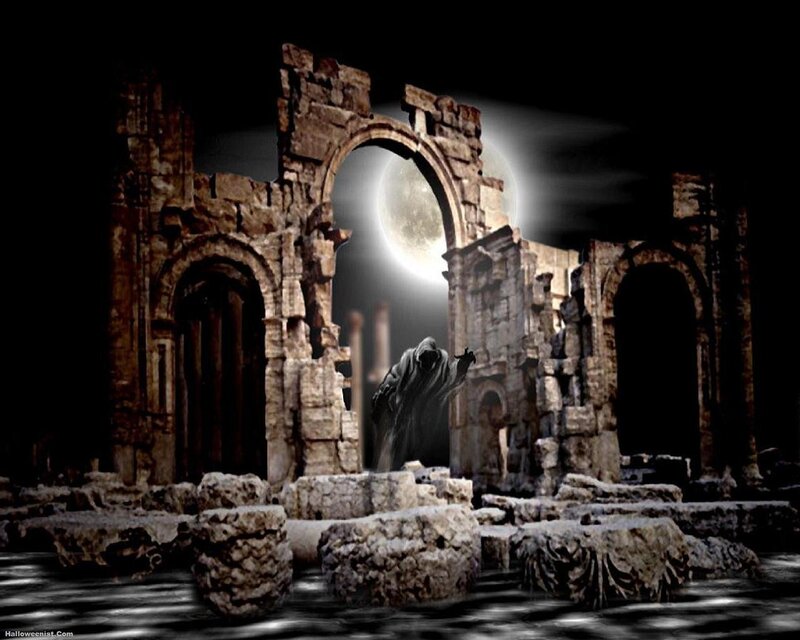 Gothic ruins under moonlight
