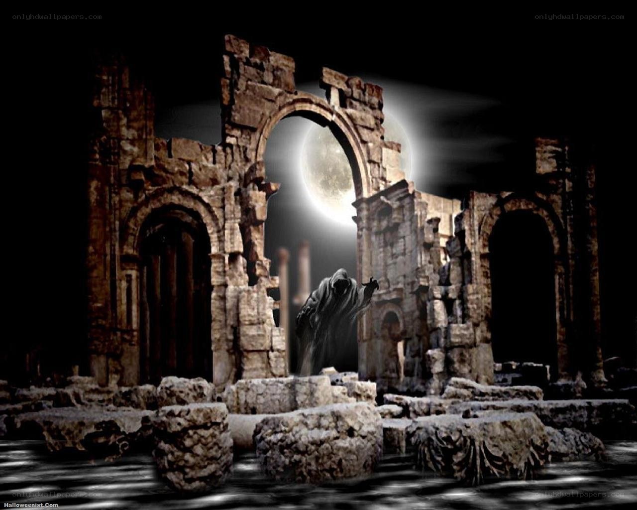Gothic ruins under moonlight