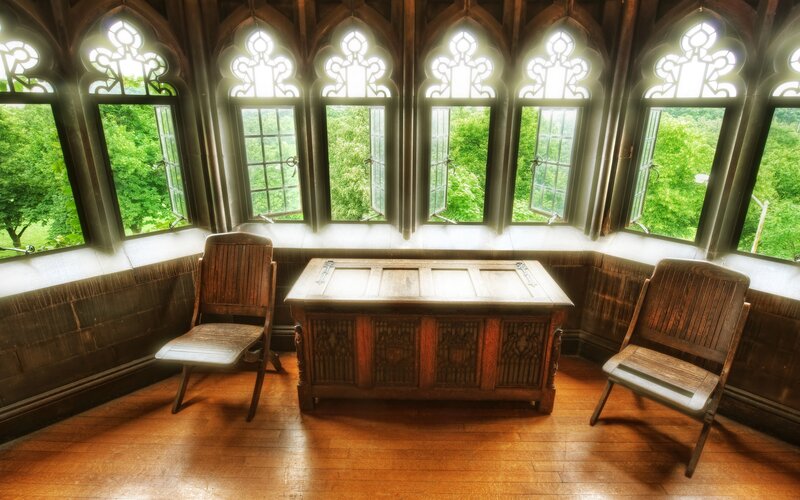 Gothic study room with forest view