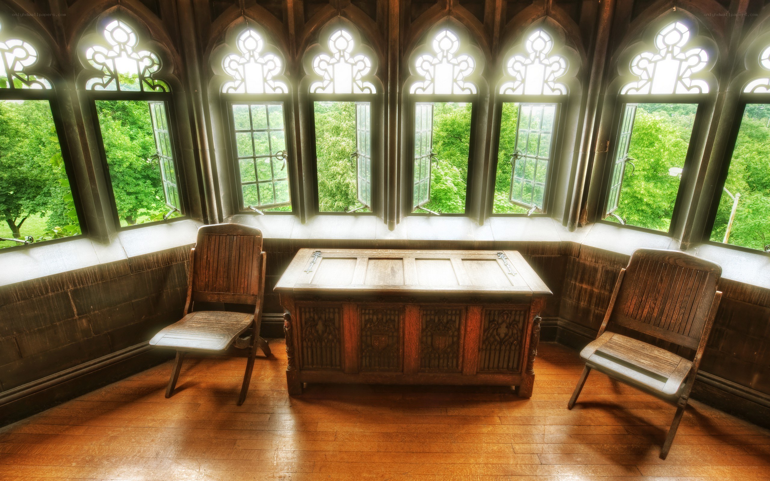 Gothic study room with forest view
