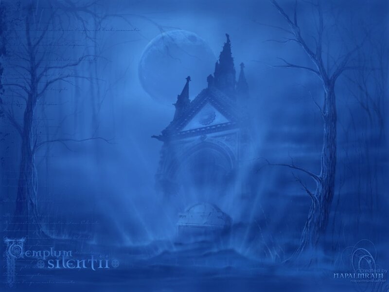 Gothic temple in moonlit forest