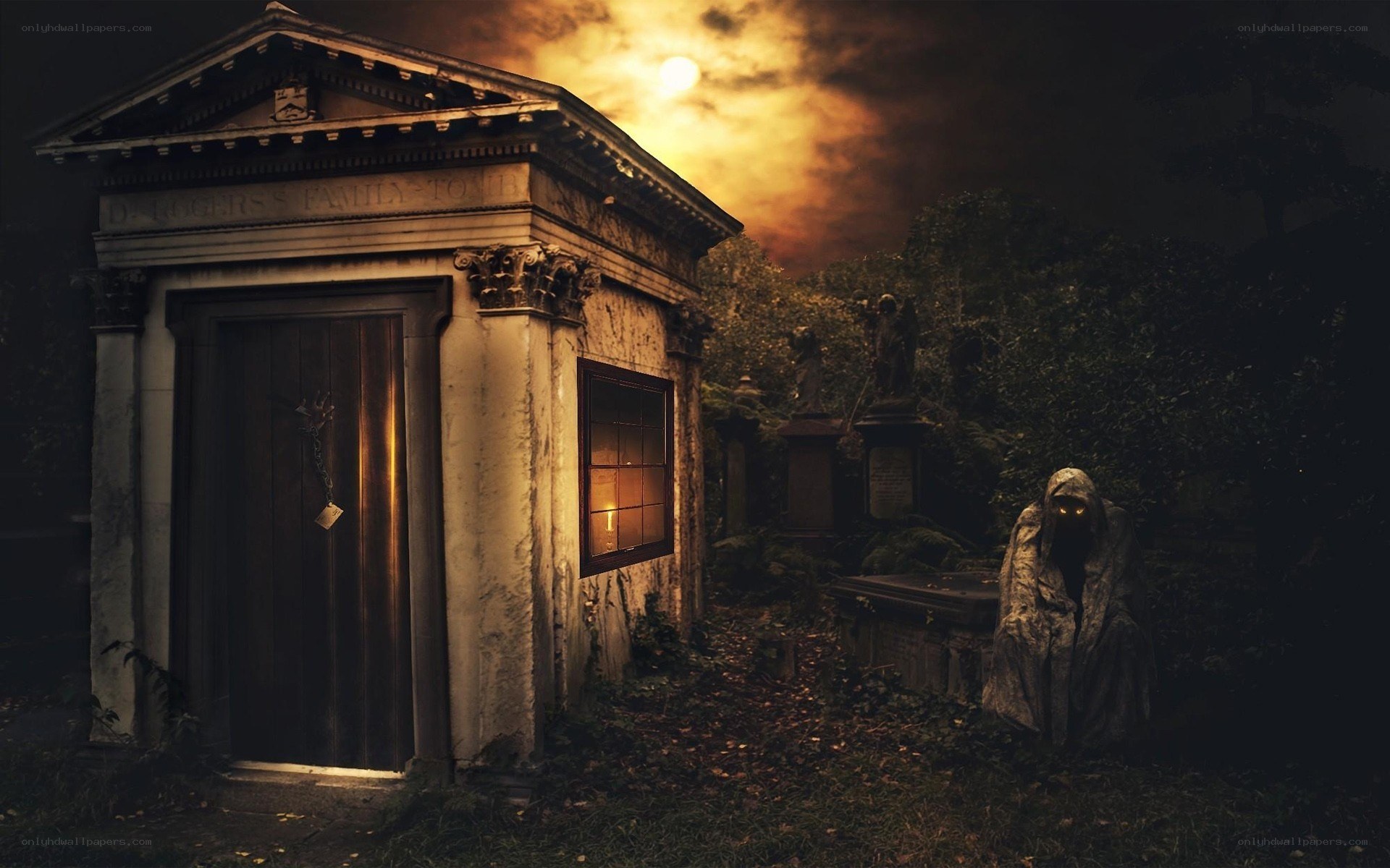 Gothic tomb in moonlit cemetery