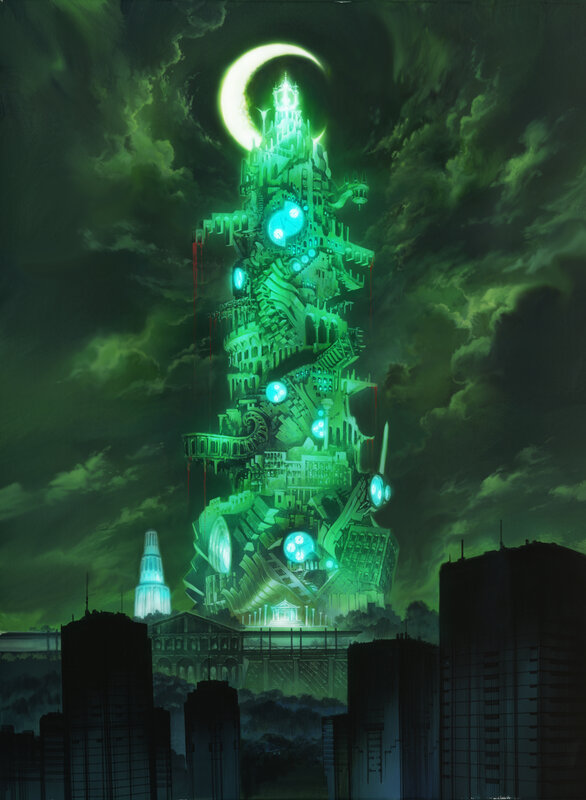 Gothic tower under a green moon