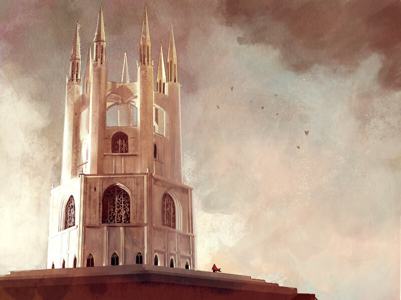 Gothic tower under cloudy sky
