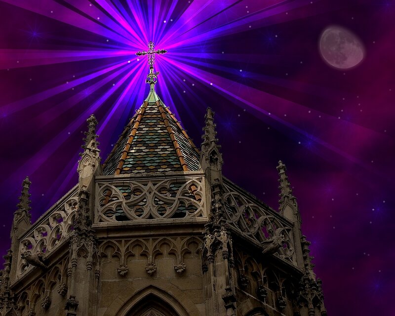 Gothic tower under starry sky