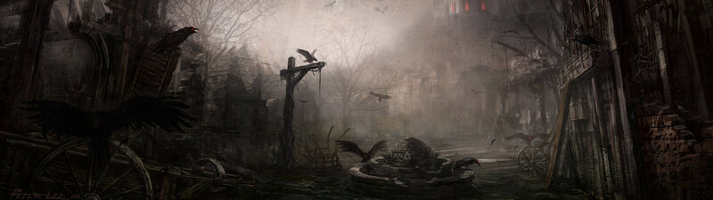 Gothic town with crows