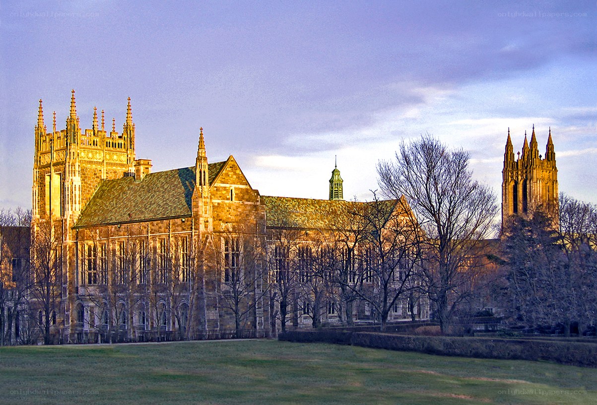 Gothic university buildings at dusk