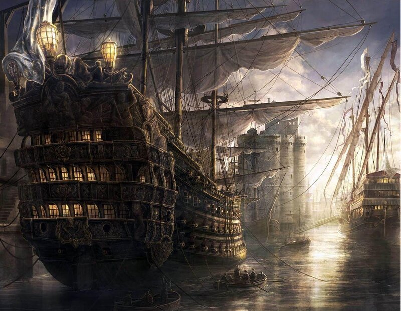 Gothic warship in harbor