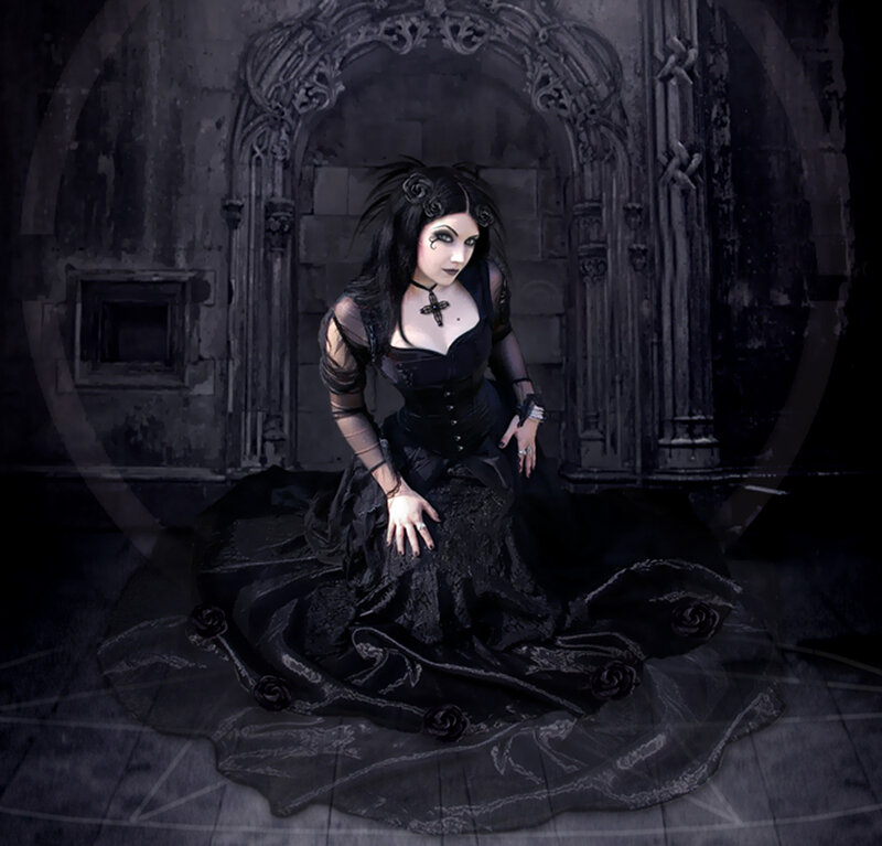 gothic woman in dark hall
