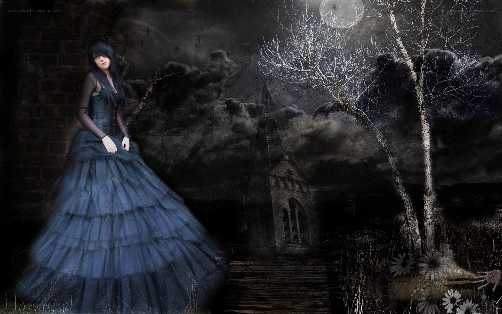 Gothic woman in moonlit graveyard