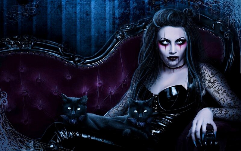gothic woman with black cats