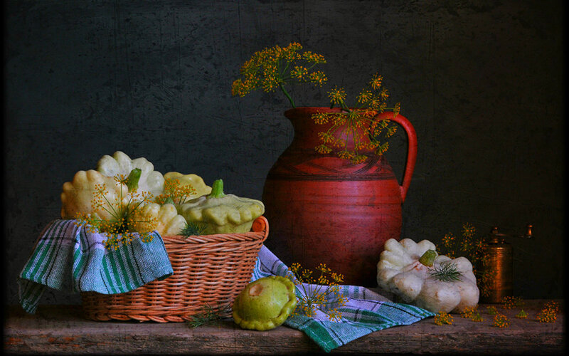 Gourds and Flowers in Basket