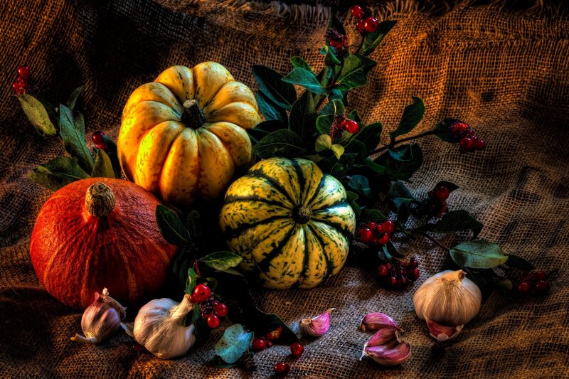 Gourds and Garlic on Burlap