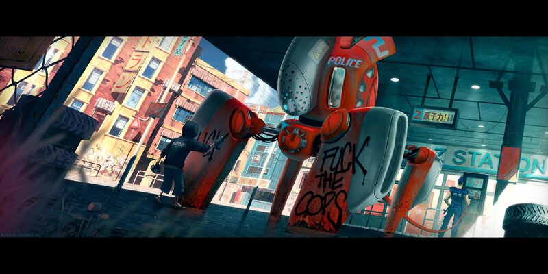 graffiti artist confronts police robot