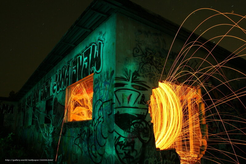 Graffiti building with light trails