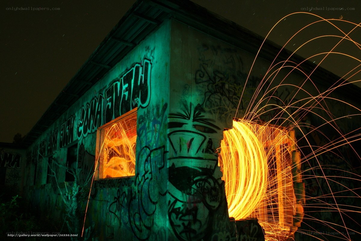 Graffiti building with light trails