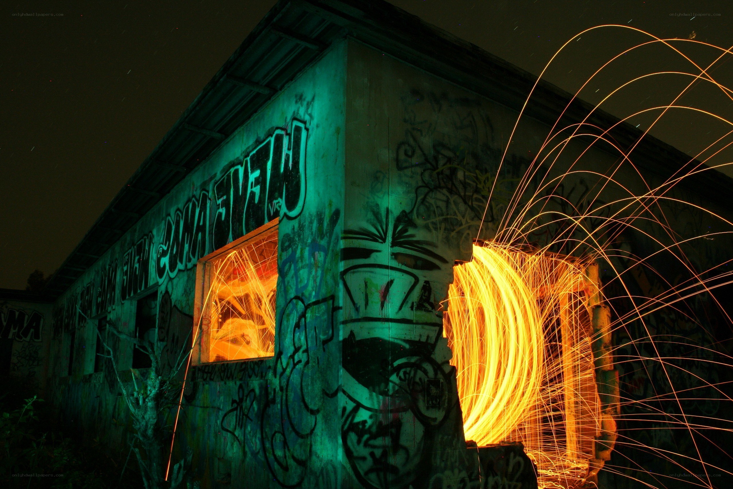 Graffiti building with sparks
