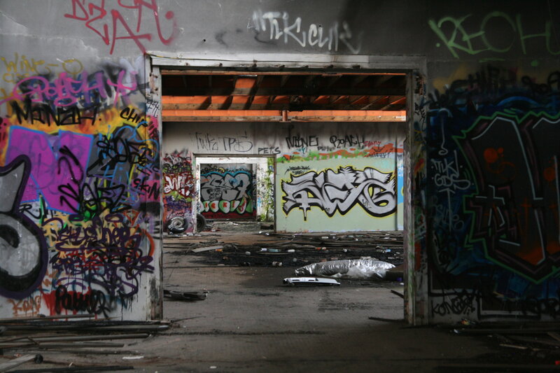 graffiti-covered abandoned building