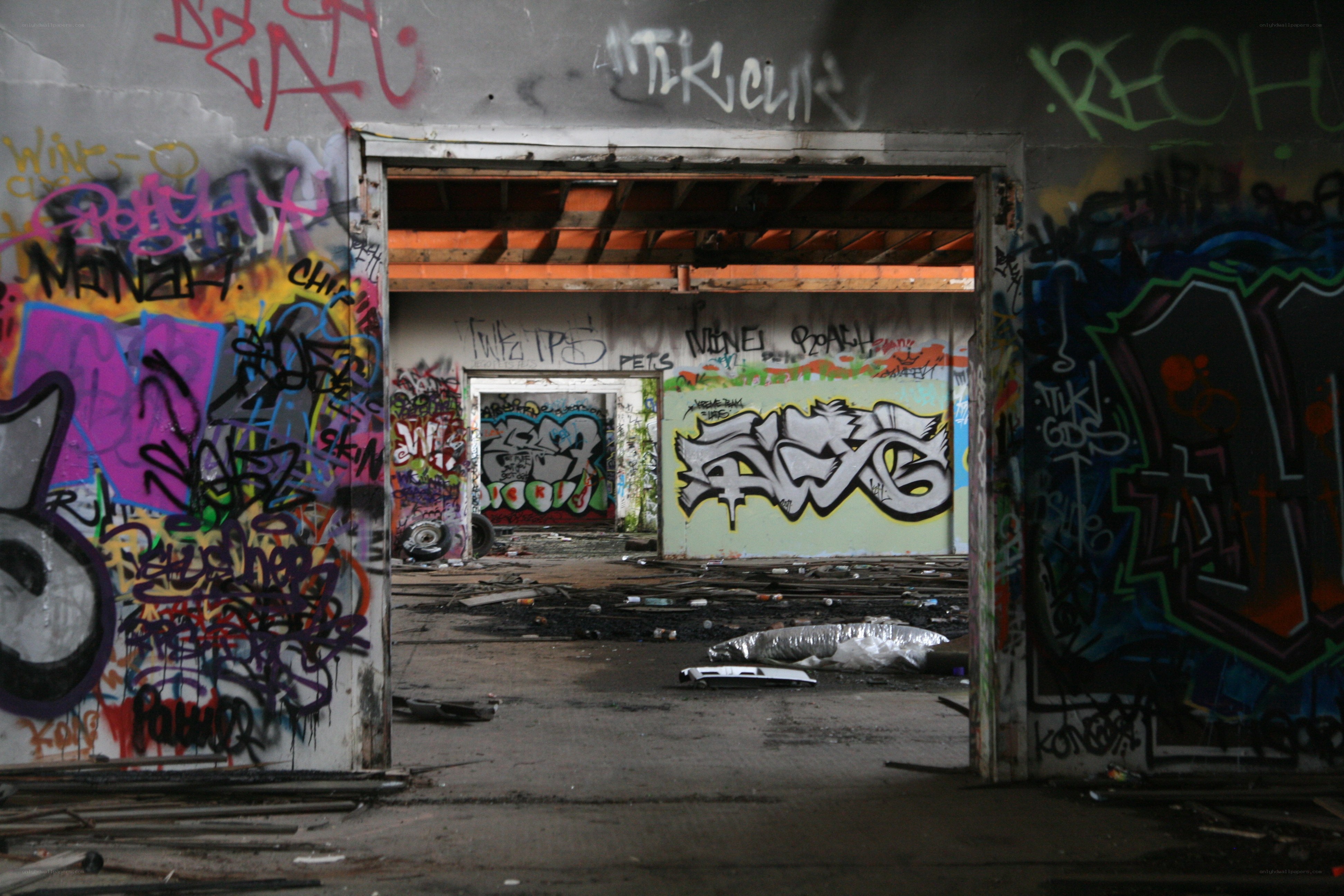 graffiti-covered abandoned building