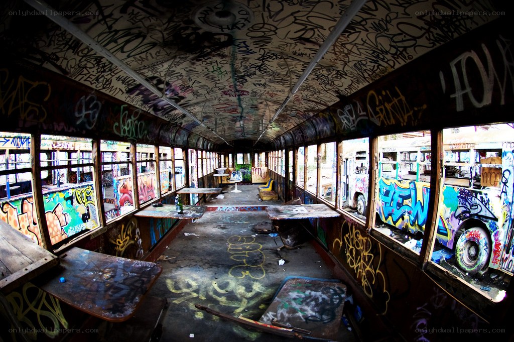 graffiti-covered abandoned bus