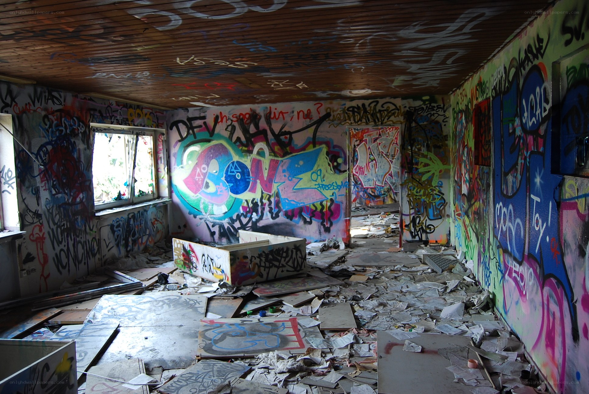graffiti-covered abandoned room