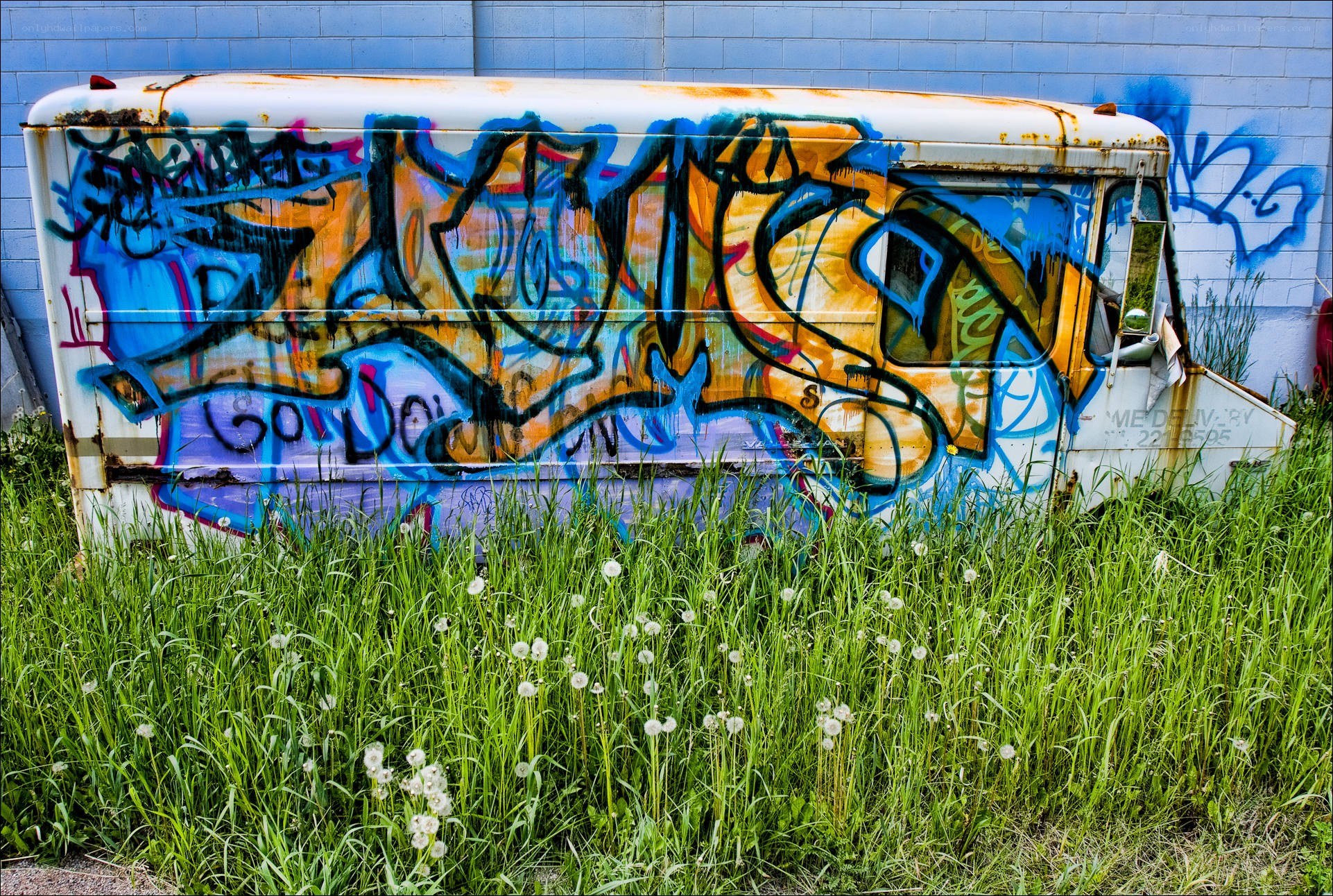 graffiti-covered abandoned truck