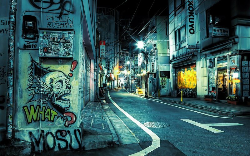 Graffiti-covered Alley at Night — Blue, Dark