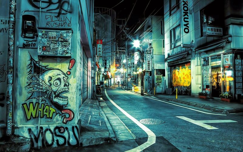 Graffiti-covered Alley at Night — Blue, Dramatic