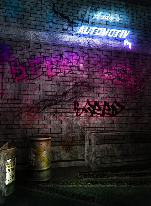 graffiti-covered alley at night