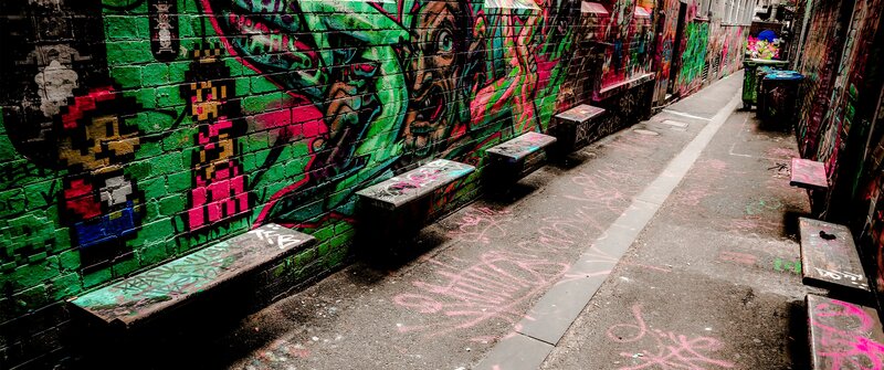 Graffiti-covered Alley — Green, Urban