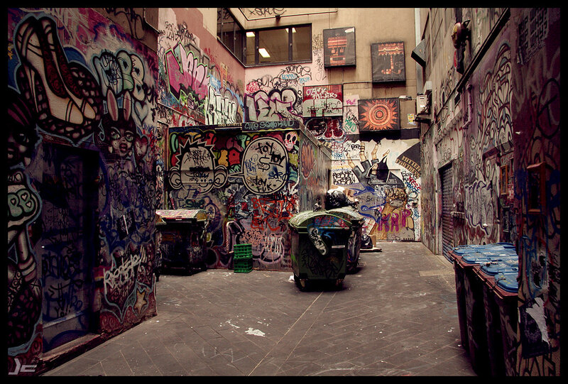 graffiti-covered alleyway