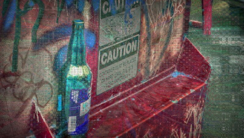 graffiti-covered bottle and caution sign